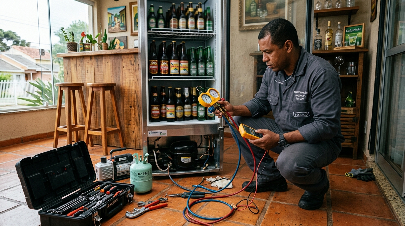 Técnico revisando o motor de uma cervejeira durante chamado em Jundiaí‑SP