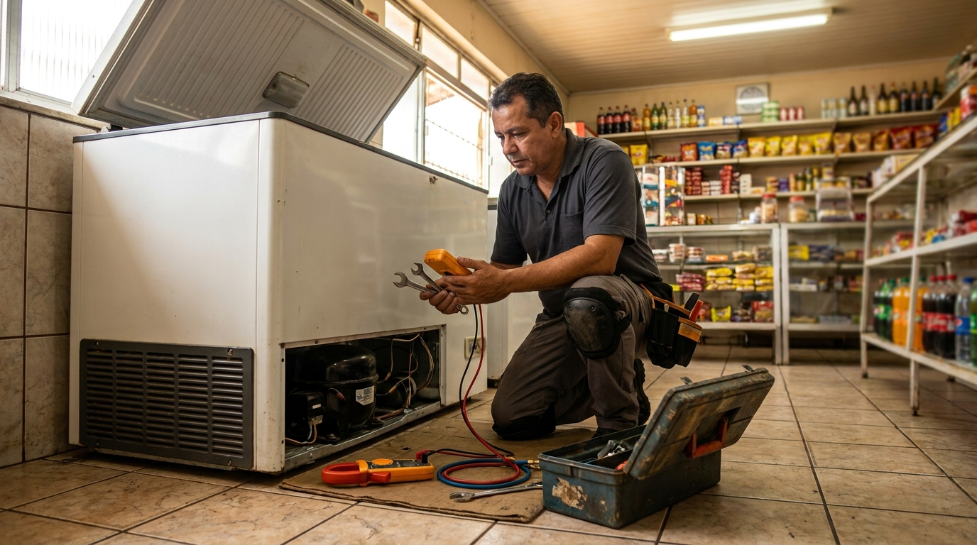 Técnico reparando o motor de um freezer horizontal em Jundiaí‑SP
