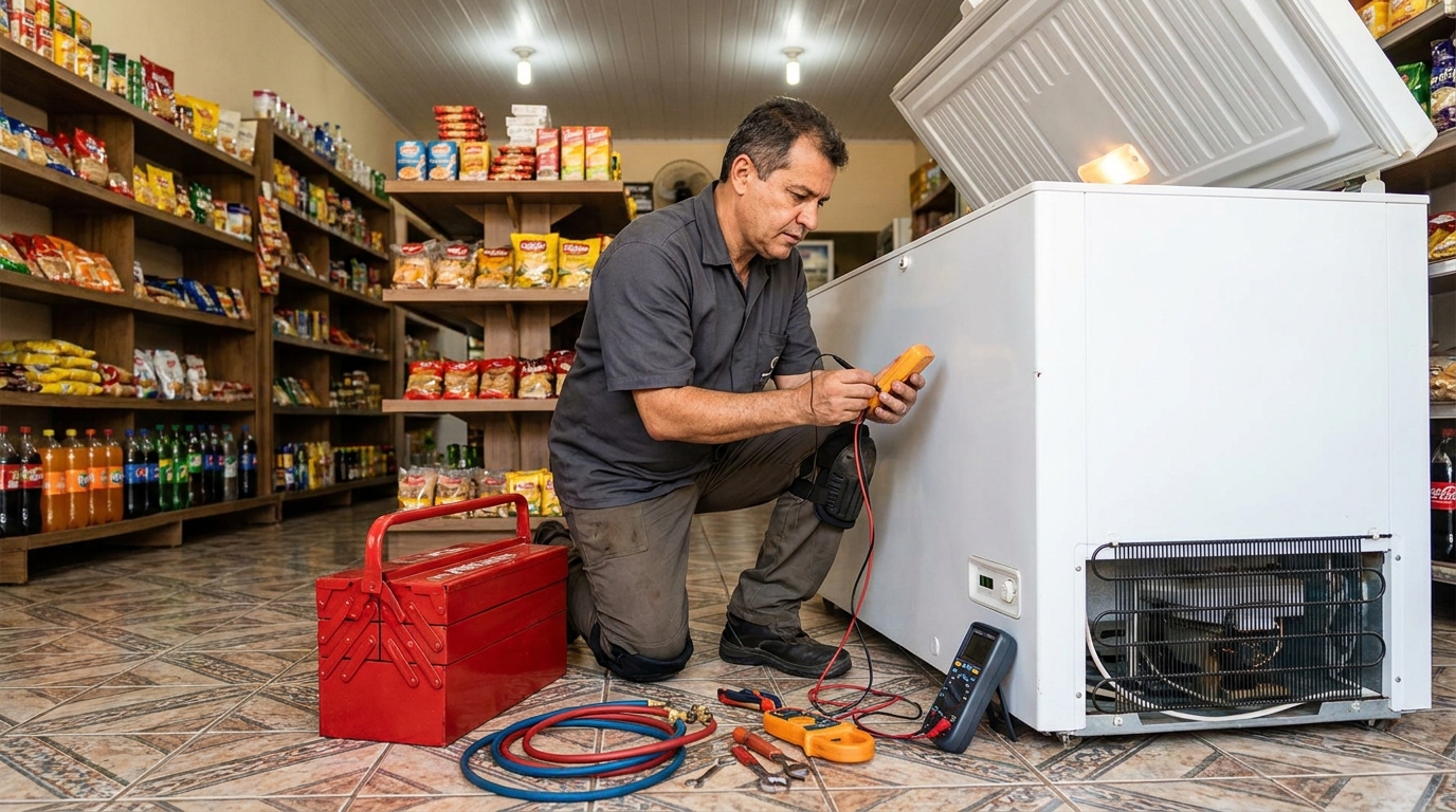 Manômetro conectado ao circuito durante recarga de gás de freezer em Jundiaí‑SP