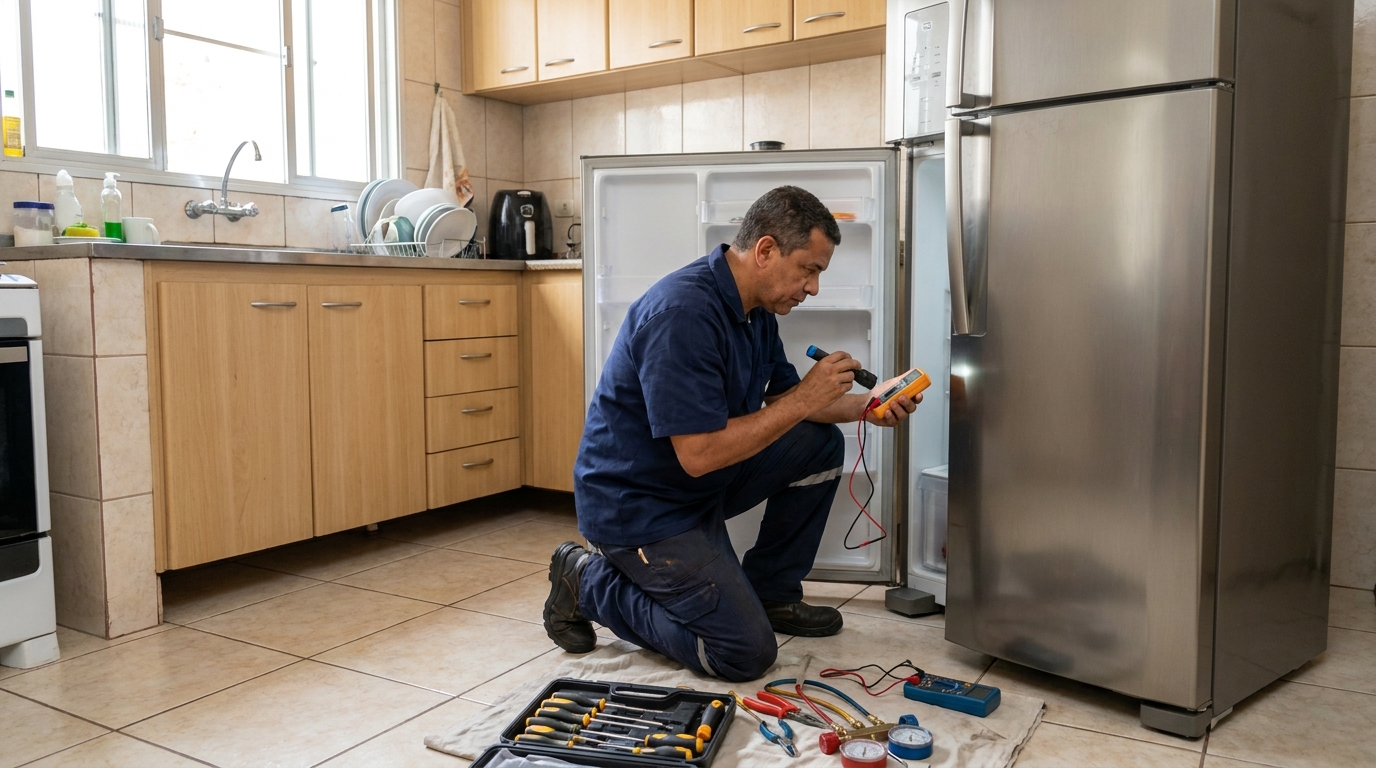 Técnico fazendo recarga de gás em geladeira de cliente em Jundiaí‑SP