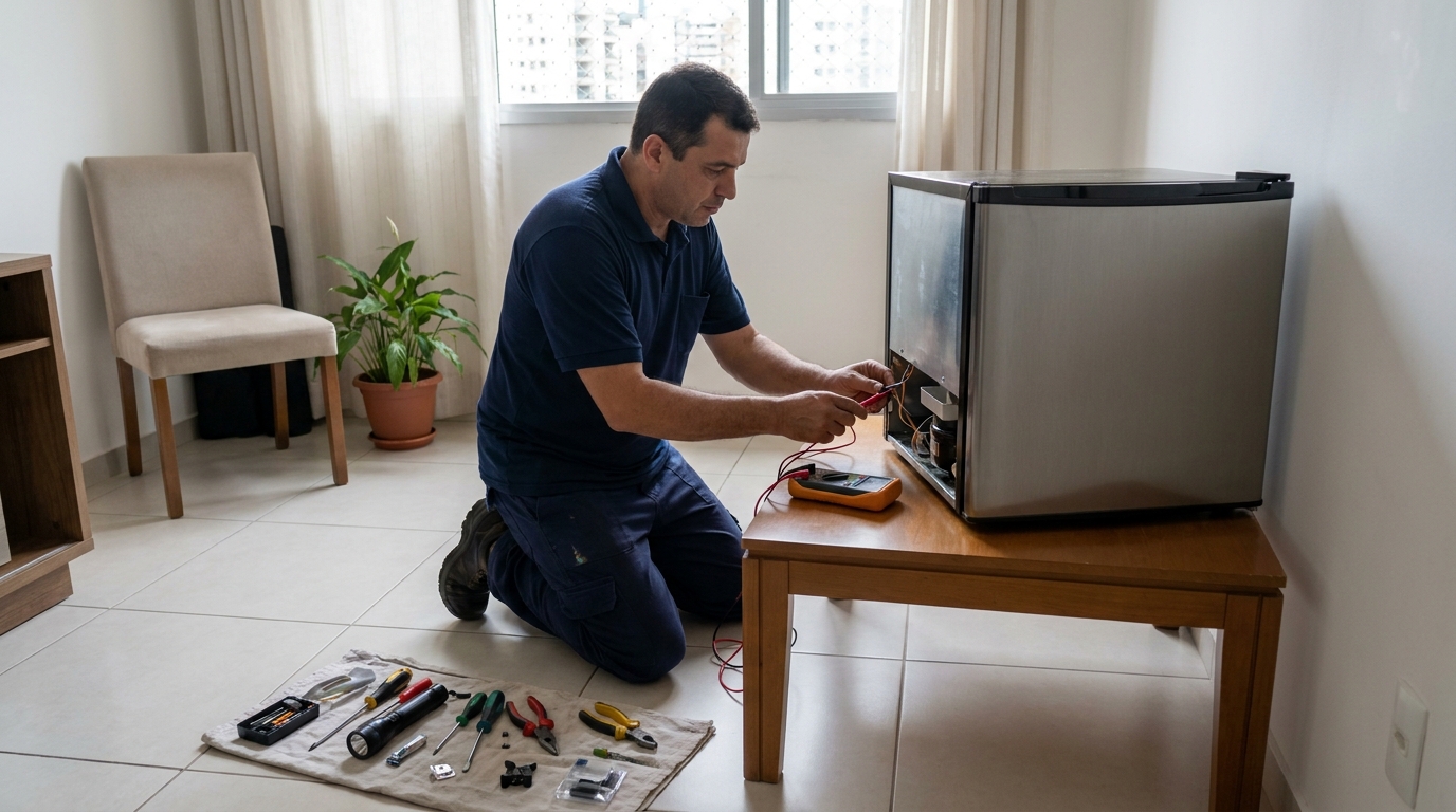 Técnico avaliando um frigobar compacto durante atendimento em Jundiaí‑SP